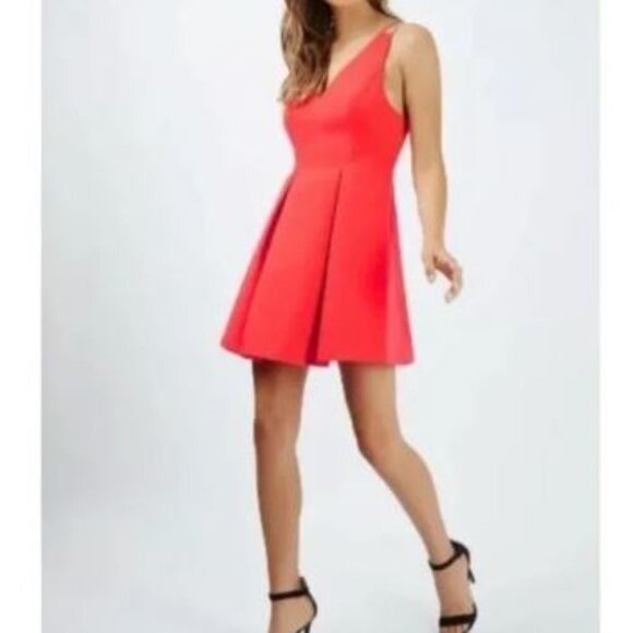 Topshop Strappy Neon Coral Bonded Mini Dress- Size 6 - Picture 2 of 7